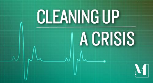 EKG monitor on a green background and the text "cleaning up a crisis."