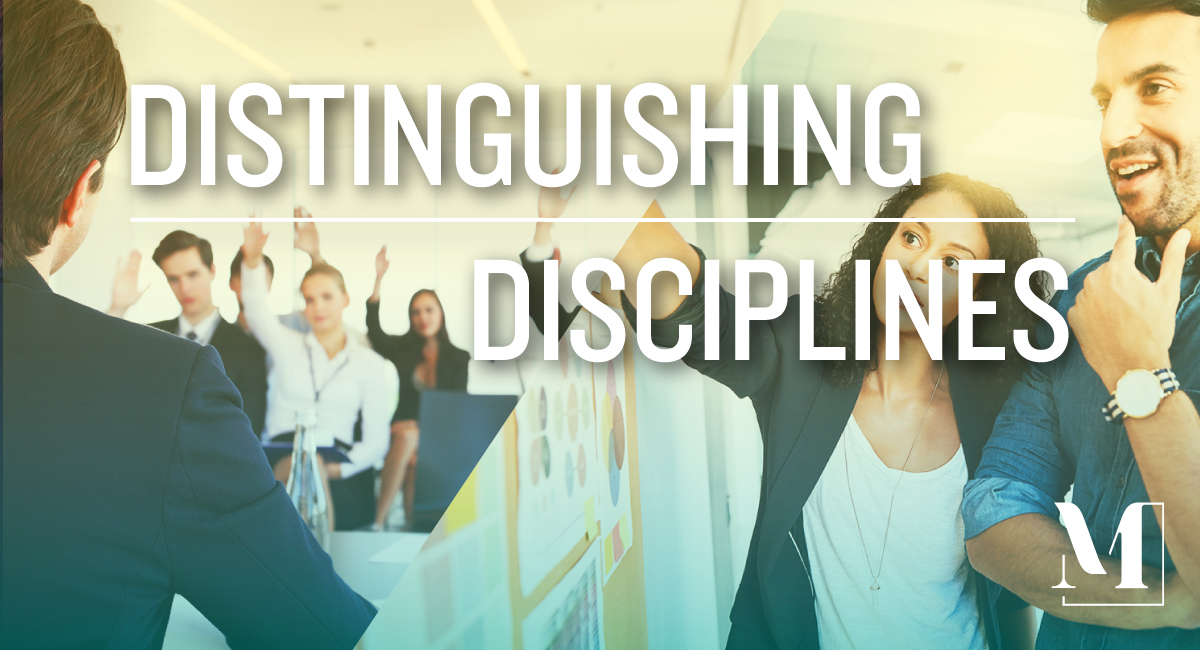 Split image between a person speaking to reporters and a brainstorming session. Text: distinguishing disciplines.