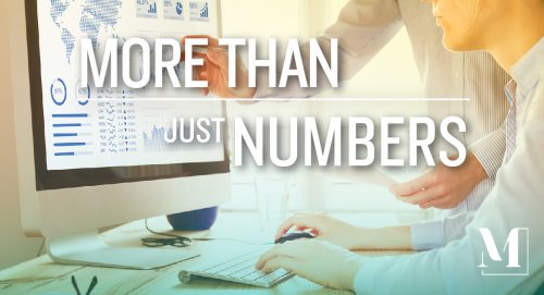 Persons hand point to a business analytics dashboard on a computer with numerous charts and graphs. Text says "more than just numbers."