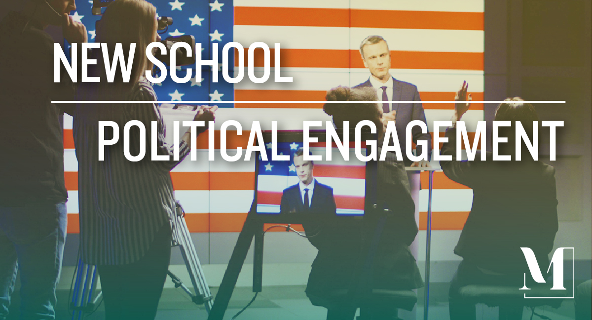 Political candidate being filmed for a debate while audience member asks a question, with text "new school political engagement."