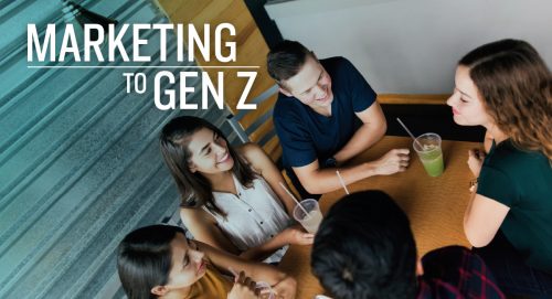 Group of teenagers sitting at a table talking, laughing with text "marketing to Gen Z."
