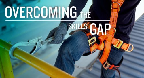 A male construction worker hooks himself into scaffolding, with text that reads, "overcoming the skills gap."
